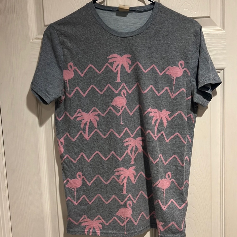 Hollister S small tee shirt grey blue - pink flamingos palm trees graphic